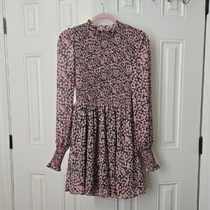 Lulu's Pink and Dark Green Floral Long-Sleeve Smocked Mini Dress